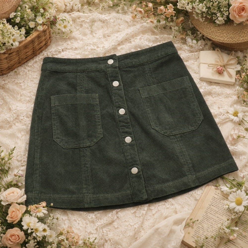 Victoria + Sophia Corduroy Mini Skirt Button Front Green Medium Y2K - Picture 10 of 10